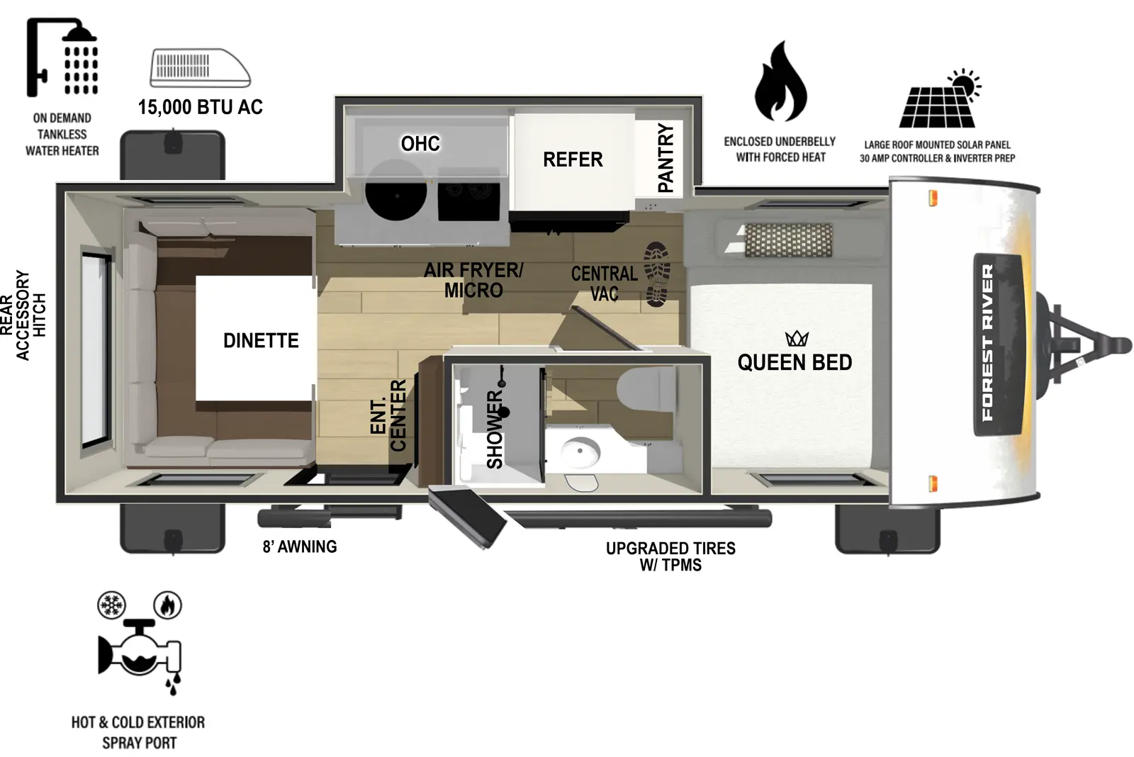 The r-pod RP-190 floorplan has one entry and one slide out. Exterior features include: fiberglass exterior and 8' awning. Interiors features include: u-dinette and front bedroom.